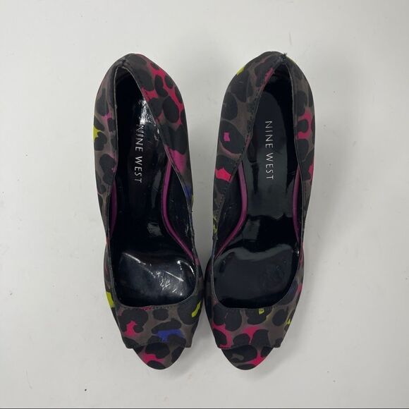 Nine West Danee Neon Leopard Print Peep Toe Heels Platform Women's 6M - Picture 3 of 11